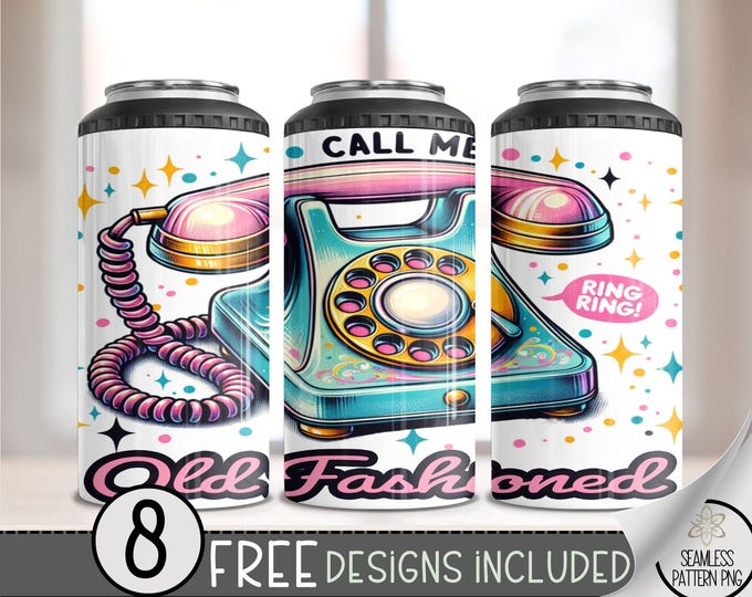 Retro Telephone 4 in 1 Can Cooler Wrap, Old Fashion Phone 4in1 Tumbler PNG Call Me Old Fashioned 16 Oz Can Cooler Sublimation Design, A99