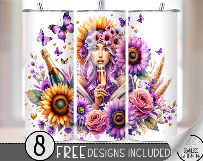 Sunflower Tumbler Wrap, Butterfly in Spring 20oz Skinny Tumbler Design, French Champagne Tumbler Sublimation, France Macaroon Wrap, A39