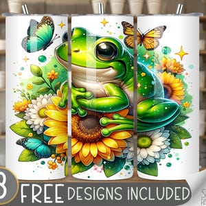 May include: A green frog with a whimsical expression sits on a bed of sunflowers and other flowers. The frog is surrounded by butterflies and a watercolor-like background.