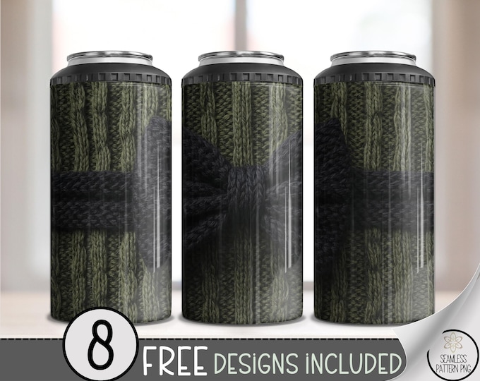 Faux Yarn Bow 4 in 1 Can Cooler Wrap,  Dark Crochet Coquette Design, Digital Download, Knitted Texture Sublimation, A752