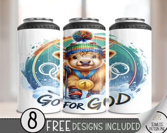 Highland Cow 4in1 Can Cooler Wrap, Religious Sublimation Design, Christian 16 Oz 4 in 1 Tumbler PNG, Go For God 16 Oz Can Cooler, Bible Wrap