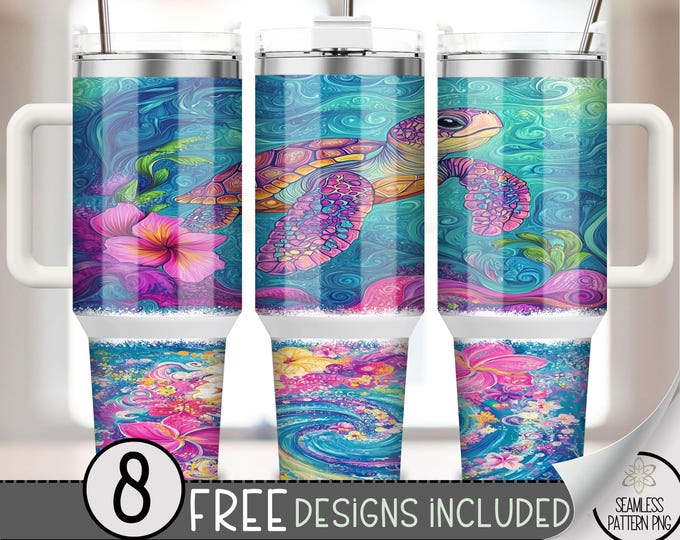 40oz Sea Turtle Tumbler Wrap, Coast Ocean 40 Ounce Sublimation Template, 40 oz Tropical Summer Beach Floral 40oz Quencher Tumbler PNG, A200