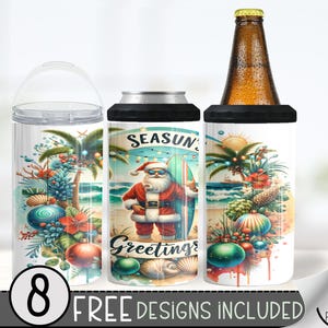 Seamless Christmas Can Cooler Wrap, Xmas Beach 16 oz 4-in-1 Cooler Sublimation, Santa Claus 16Oz Tumbler File, Holiday Ornament Design File