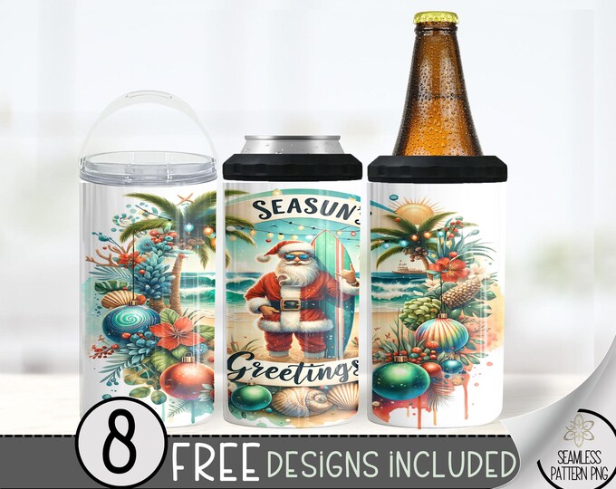 Seamless Christmas Can Cooler Wrap, Xmas Beach 16 oz 4-in-1 Cooler Sublimation, Santa Claus 16Oz Tumbler File, Holiday Ornament Design File