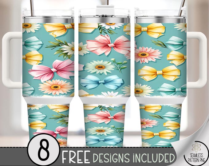 Flowers And Ribbons PNG, Pastel Bows And Blooms 40 oz Tumbler Wrap, Cute Floral Sublimation Design, Digital Download, B925