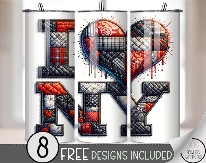 I Love NY 20 oz Tumbler Wrap, Faux Yarn Sublimation Design for Straight Tumblers, Faux Denim PNG Files, B686