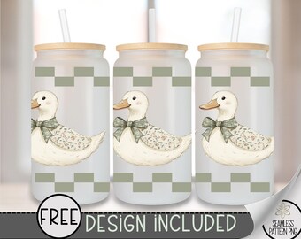 Spring Duck Glass Wrap, Checkered 16 Oz Glass Can Wrap PNG, Boho Spring Glass Can Sublimation Design, Duck Goose Libbey Glass PNG, A167