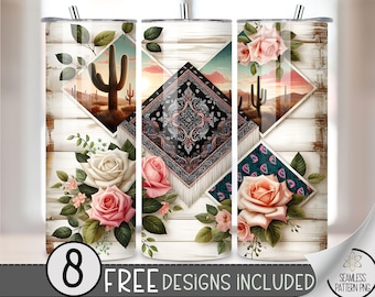 Country Western Tumbler Wrap, Western Rose 20oz Skinny Tumbler Sublimation Design, Cactus Tumbler Wrap File PNG, Bandana Wooden Design