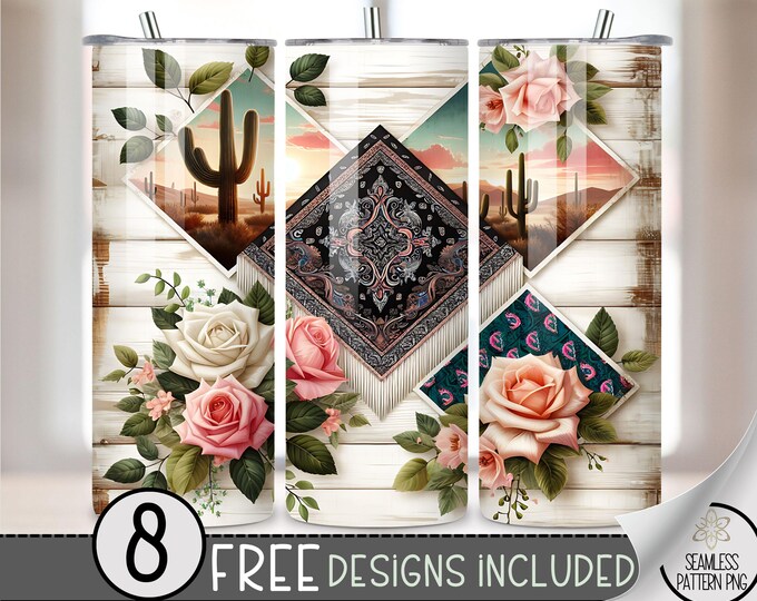Country Western Tumbler Wrap, Western Rose 20oz Skinny Tumbler Sublimation Design, Cactus Tumbler Wrap File PNG, Bandana Wooden Design