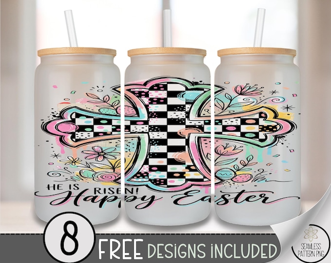 Easter Cross PNG, Checkered Cross 16 Oz Glass Can Wrap Sublimation Design, Happy Easter Digital Download, B883