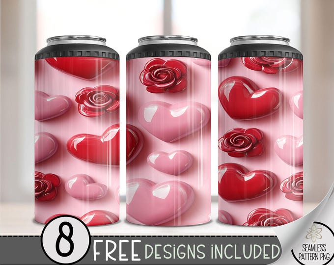 Seamless Valentine's Day 4 in 1 Can Cooler Wrap, Rose & Heart 4in1 Tumbler PNG, Heart Pattern 16 Oz Can Cooler Sublimation Design, Vday Love