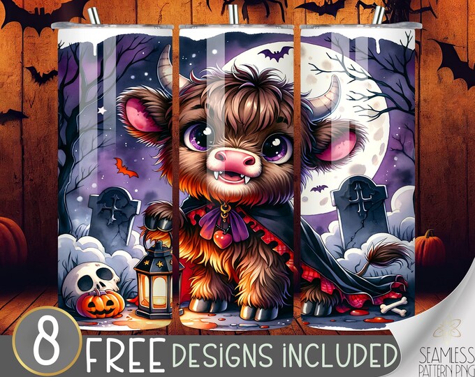 Vampire Highland Cow Tumbler Design, Cute Vampire 20Oz Skinny Tumbler Wrap PNG, Cute Highland Cow Tumbler Sublimation Design, Graveyard