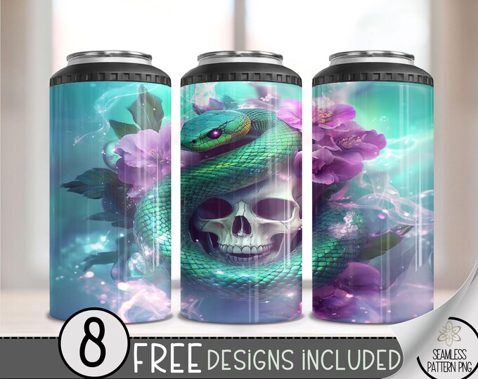 Gothic Skull And Floral 4 in 1 Can Cooler Wrap, Flower Snake 4in1 Tumbler PNG, Snake Skull 16 Oz Can Cooler Sublimation Design, Digital File