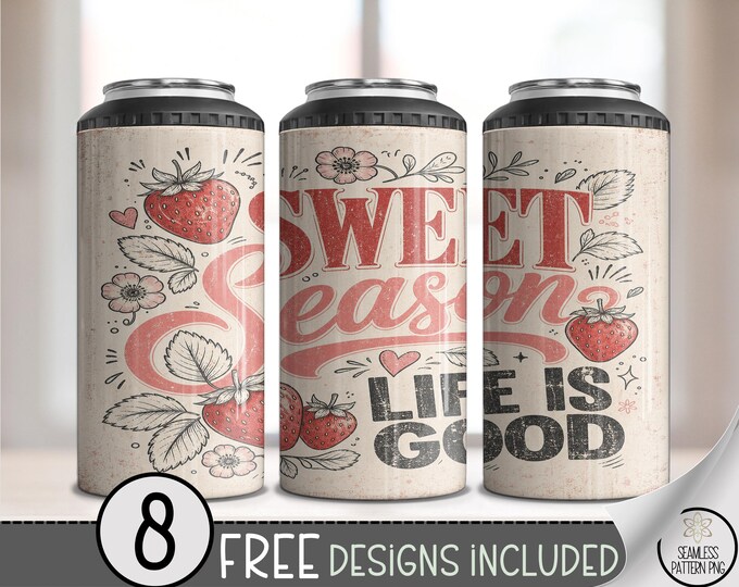 Sweet Season 4-in-1 Can Cooler Wrap, Strawberry Sublimation Design, Rustic 16 oz 4-in-1 File, B10327