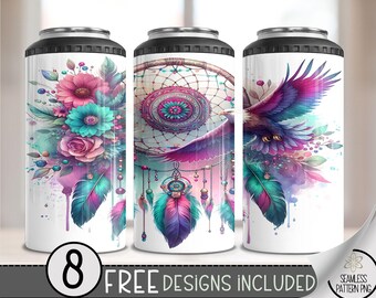 Boho Dreamcatcher Eagle Floral 4in1 Can Cooler Wrap, Floral 4 in 1 Tumbler PNG, Seamless Ethereal 16 Oz Can Cooler Sublimation Design