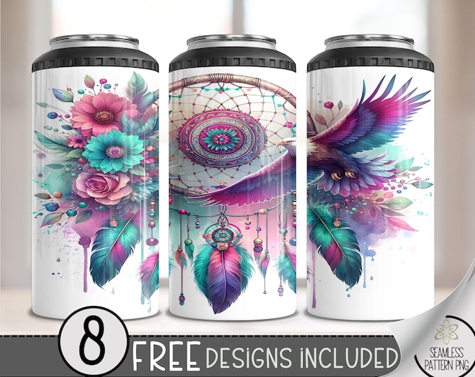 Boho Dreamcatcher Eagle Floral 4in1 Can Cooler Wrap, Floral 4 in 1 Tumbler PNG, Seamless Ethereal 16 Oz Can Cooler Sublimation Design