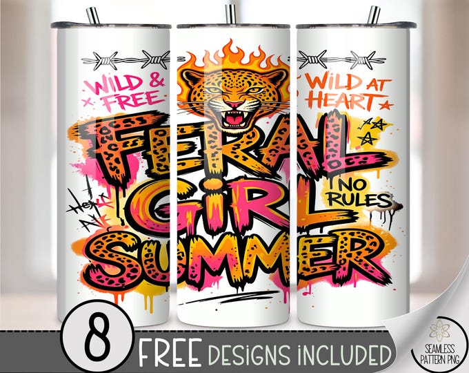 Feral Girl Summer 20 oz Tumbler Wrap, Retro Summer Sublimation Design for Straight Tumblers, Graffiti PNG Files, B10192