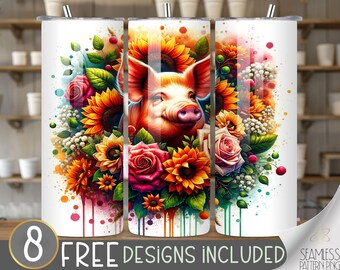Brown Boho Pig Tumbler Wrap Design 20 oz Skinny Tumbler Sublimation Digital Download PNG Instant Digital, Farm Ranch Animal Tumbler