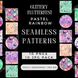 Modèle sans couture numérique papillon Flutterfest scintillant PNG JPG Bundle, fichier de journalisation par sublimation, Pack de répétition de printemps usage Commercial