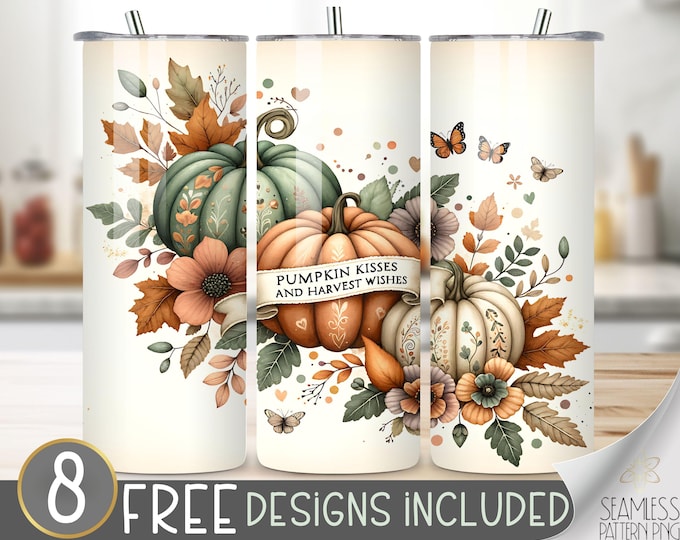 Pumpkin Kisses Harvest Wishes Sublimation Tumbler Wrap, Fall Thanksgiving Skinny Tumbler Wrap, Autumn Floral 20oz Tumbler Wrap Design