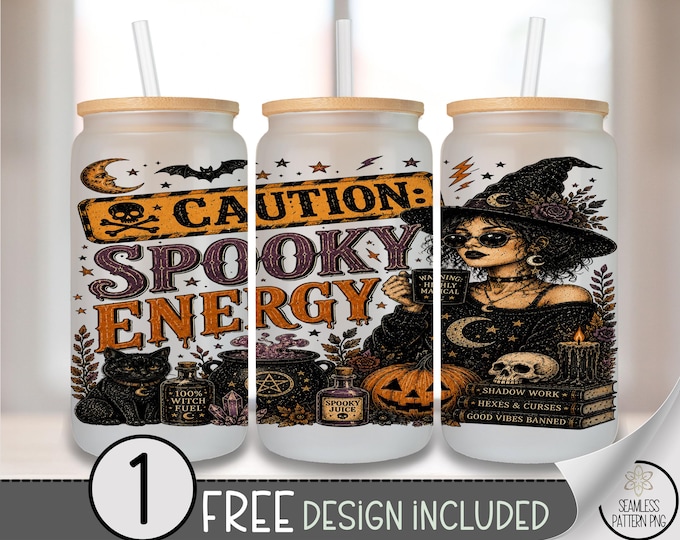 Halloween Caution Spooky Energy Witch Glass Can Wrap 16oz Sublimation Design, Digital Download, B10425