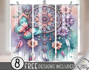 Boho Butterfly Tumbler Wrap, Dreamcatcher 20oz Skinny Tumbler Sublimation Design,Watercolor Mandala Tumbler Wrap File,Pastel Floral PNG File