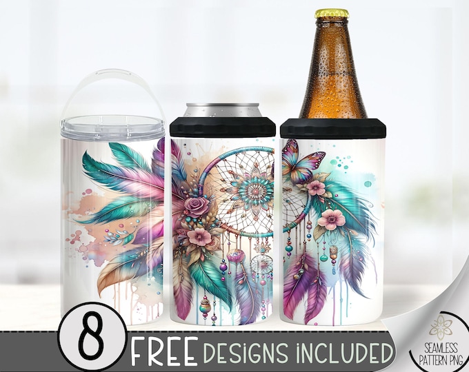 Boho Dreamcatcher Butterfly Floral 4in1 Can Cooler Wrap, Floral 4 in 1 Tumbler PNG, Seamless Ethereal 16 Oz Can Cooler Sublimation Design