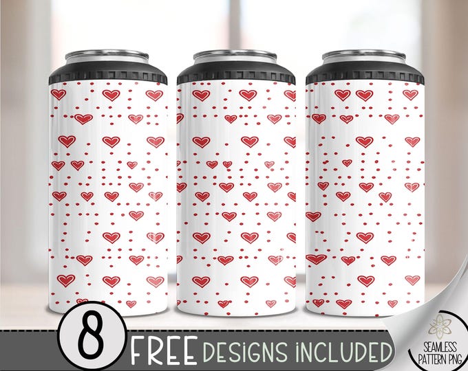 Seamless Valentine's Day 4 in 1 Can Cooler Wrap, Cute Heart 4in1 Tumbler PNG, Heart Pattern 16 Oz Can Cooler Sublimation Design, Vday Love