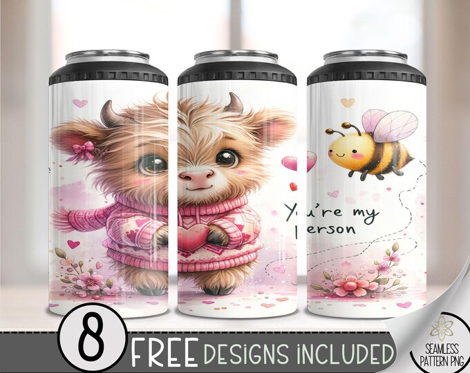 Highland Cow Valentine 4in1 Can Cooler Wrap, Winter Sublimation Design, Vday 16 Oz Slim, Cute 4 in 1 Tumbler PNG,Valentines 16 Oz Can Cooler