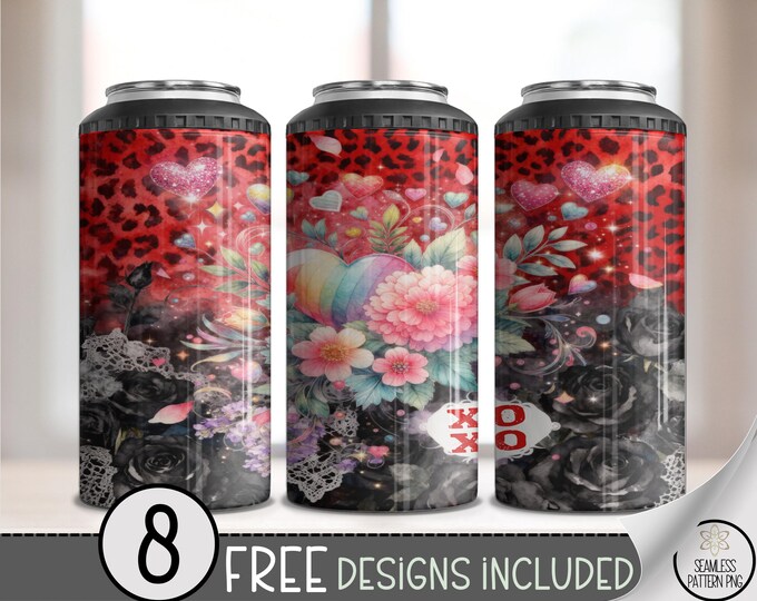 Valentine's Day 4in1 Can Cooler Wrap, Romantic Florals Sublimation Design, Glam Leopard 16 oz 4-in-1 File, 4 In 1 Design Digital, A846