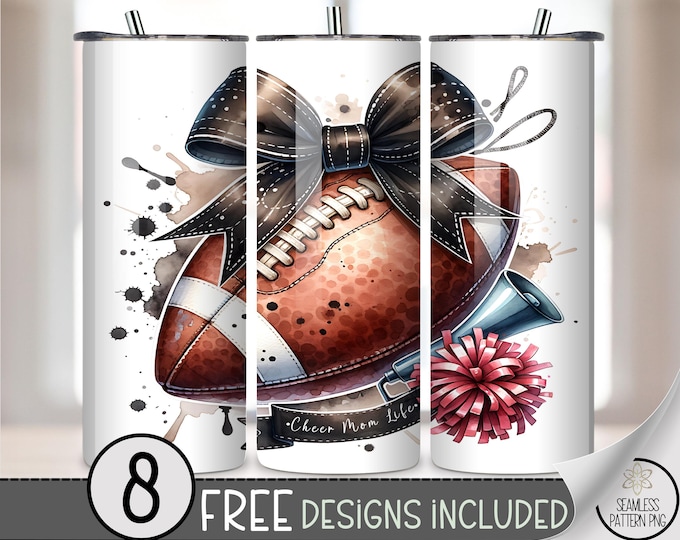 Sporty 20 oz tumbler wrap: Football with Bow Digital Download Sublimation Design for Skinny Tumblers, Cute Feminine PNG Files A491