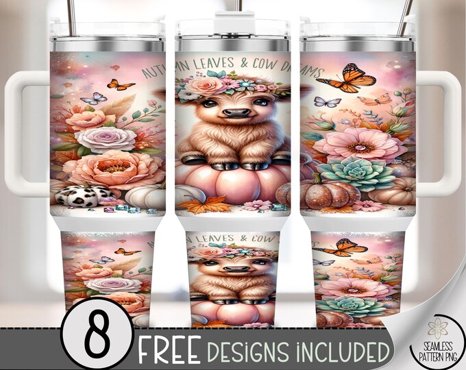 Autumn Highland Cow 40 oz Tumbler Wrap, Fall Pumpkin Art, Cute Sublimation Design, Cozy Seasonal Drinkware Design, A468