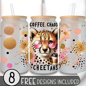 Cheetah Glass Can Wrap, Cute Coffee PNG Design, Chaos 16oz Tumbler Wrap, Safari Digital Download for Spring, Jungle Animal Beer Can A222