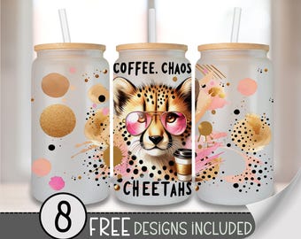 Cheetah Glass Can Wrap, Cute Coffee PNG Design, Chaos 16oz Tumbler Wrap, Safari Digital Download for Spring, Jungle Animal Beer Can A222