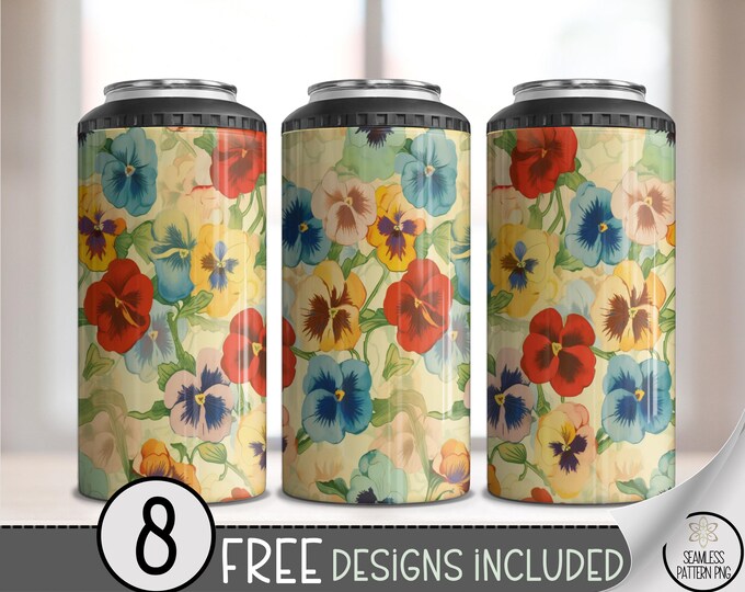 Watercolor Pansy 4-in-1 Can Cooler Wrap PNG, 16 oz Floral Skinny Can Sublimation,Colorful Flower Drink Wrap, Can Cooler Sublimation PNG A268