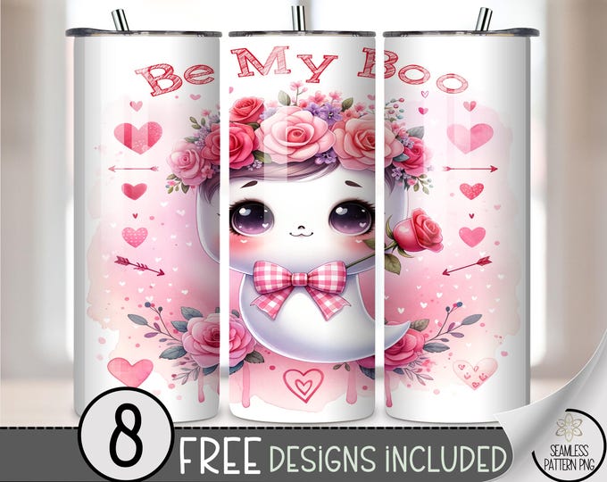 V Day 20 oz Tumbler Wrap, Valentines Day Cute Ghost  Love Design for Skinny Tumblers PNG A727