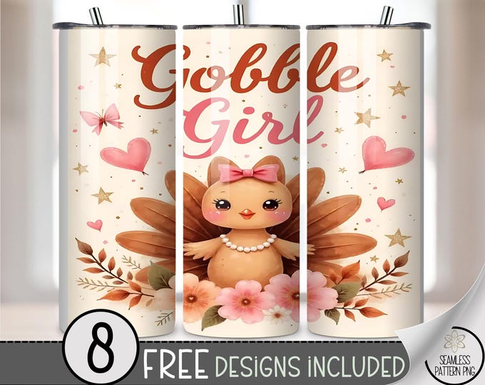 Whimsical 20 oz tumbler wrap: Thanksgiving Gobble Girl Design for Skinny Tumblers, Festive Digital Sublimation with Cute PNG Files A520
