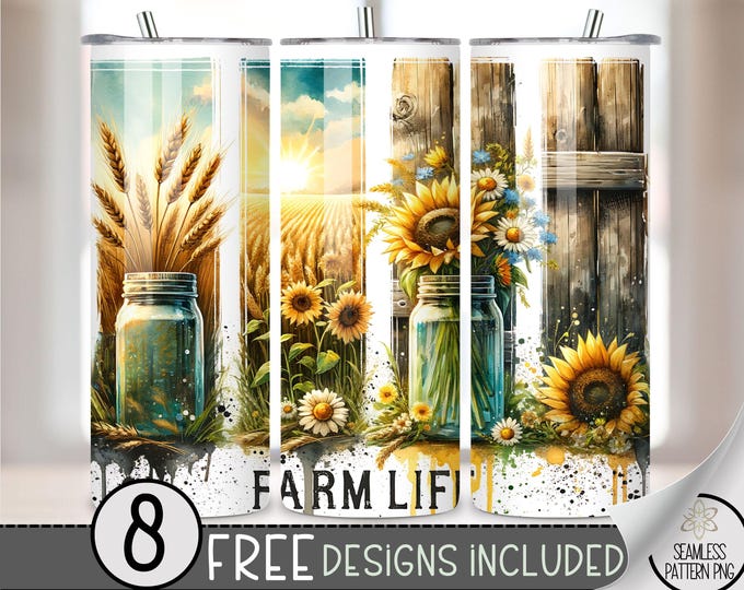 Farm Life Tumbler Wrap, Vintage 20oz Skinny Tumbler Sublimation Design, Floral Sunflower Tumbler Wrap File PNG, Country Western PNG, A159