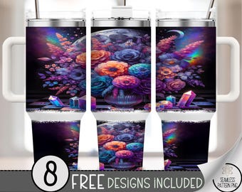Galaxy Moon Flower 40 oz Tumbler Wrap PNG, Crystal Bouquet Sublimation, Ethereal Cosmic Skinny Tumbler PNG, Mystical Floral Design, A330