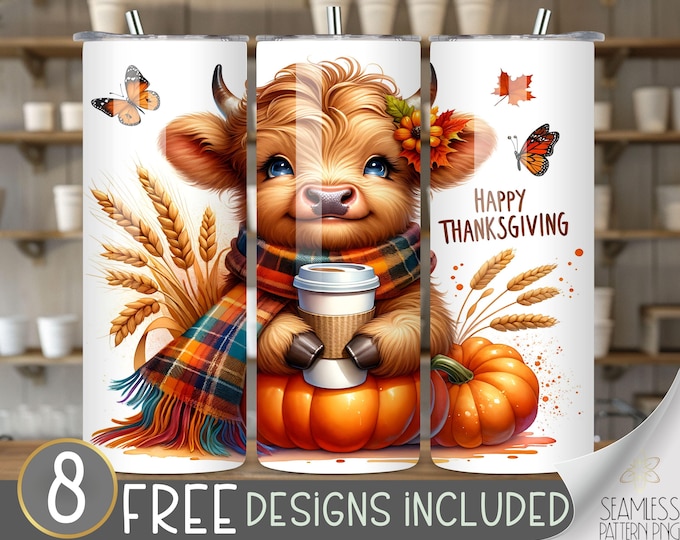 Thanksgiving turkey tumbler wrap, Happy Thanksgiving tumbler design, Cute Cow 20 oz tumbler wrap, cute highland cow coffee tumbler file