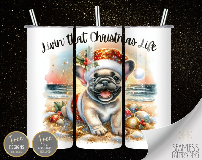 Cute French Bulldog, 20 oz Straight Tumbler Wrap Sublimation, Xmas  Tumbler Design Files, Christmas At The Beach Instant Download PNG