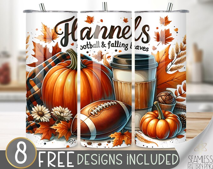 Fall Tumbler Wrap, Flannel Tumbler Wrap Sublimation Design, Autumn Leaves Pumpkins 20oz Tumbler Wrap, Thanksgiving Football Rustic Tumbler