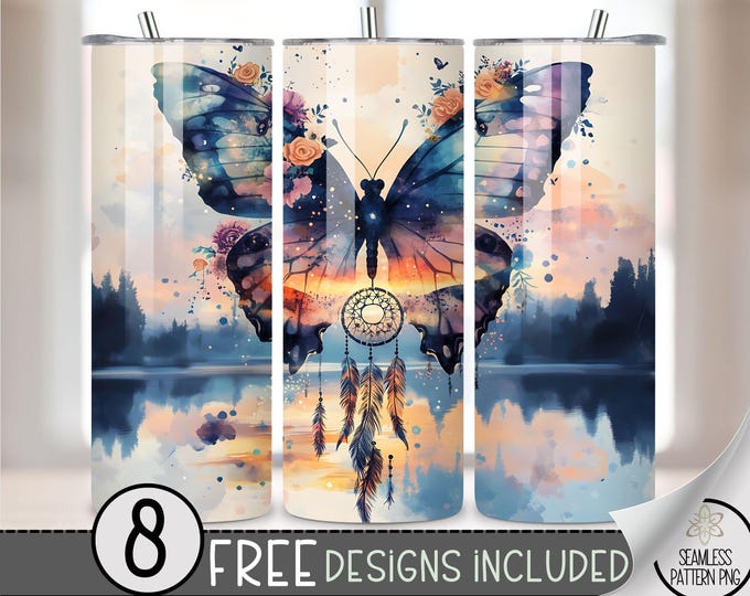 Boho Dreamcatcher Butterfly Floral Tumbler Wrap, Floral Sunset Sublimation Design PNG, Ethereal 20Oz Skinny Tumbler File, Lake Tumbler PNG