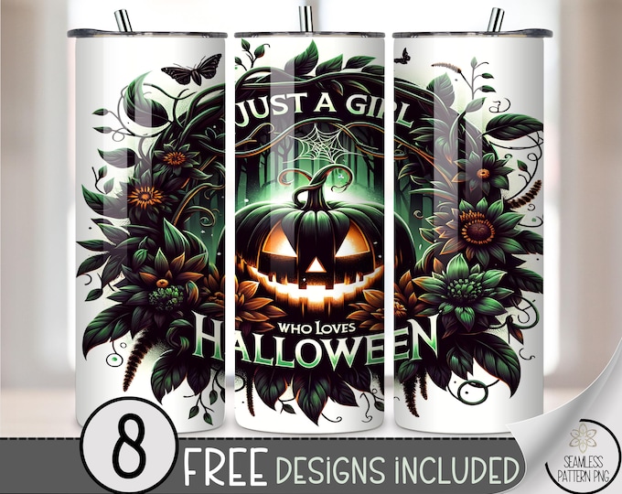 Just A Girl Who Loves Halloween 20oz Tumbler Wrap, Spooky Gothic Floral Design, Jack O Lantern 20 oz Sublimation Design, A444
