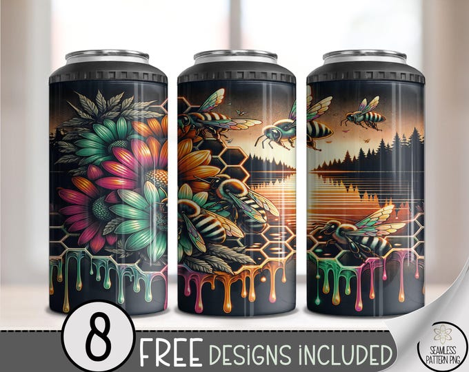 Bee Honeycomb 4-in-1 Can Cooler Wrap Tumbler Wrap PNG, Sweet Honey Design, Cute Floral, Digital Download for Sublimation, A823
