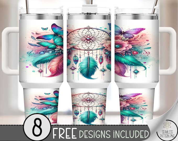 Pastel Dreamcatcher 40 oz Tumbler Wrap PNG, Boho Butterfly Feather Sublimation Design, Ethereal Skinny Tumbler PNG, Floral Native Art, A260