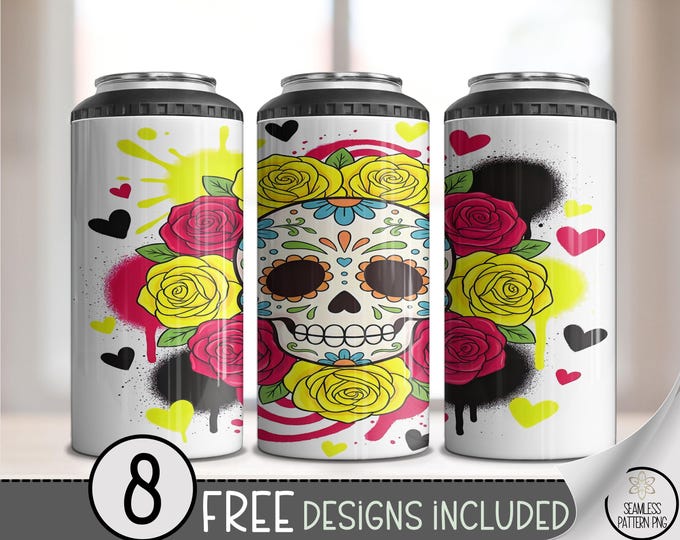 Day of the Dead 4-in-1 Can Cooler Wrap, Sugar Skull Sublimation Design, Festive 16 oz 4-in-1 File, Digital Download, B10272