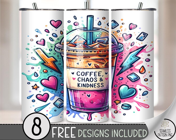Coffee And Kindness PNG, Colorful Chaos 20 oz Tumbler Wrap Design For Coffee Lovers, B612