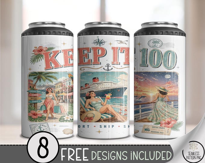 Vintage Cruise 4-in-1 Can Cooler Wrap, Retro Tropical Sublimation Design, Digital Download, B10414