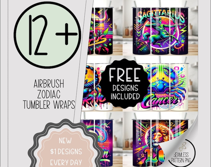 Airbrushed Zodiac Tumbler Wrap Bundle, Airbrush 20 Oz Skinny Tumbler Pack, Bulk Horoscope Signs 20 oz Sublimation Design Bundle